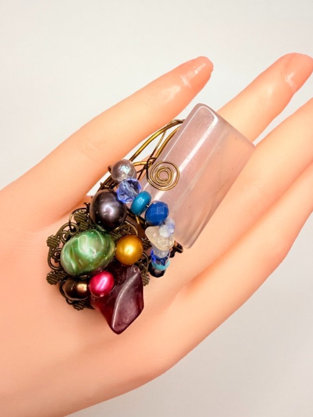 Secret Garden Sculptural Statement Ring – Pearl Agate Wearable Art